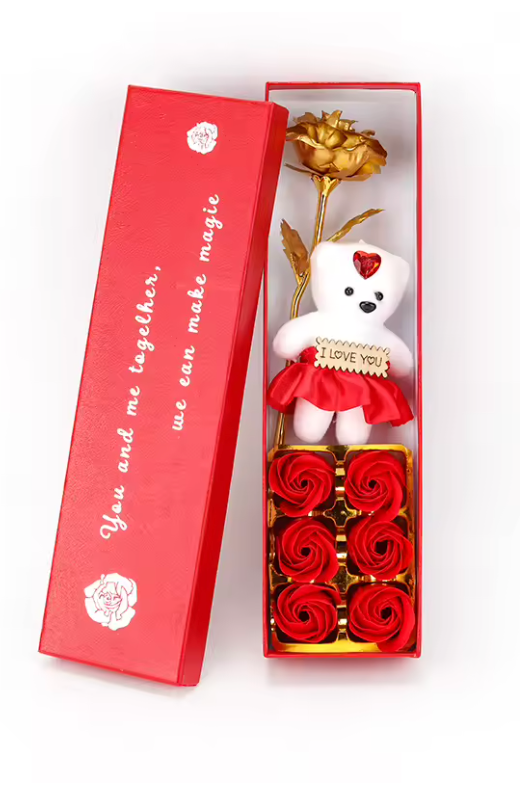 Gold Rose & Teddy Bear Gift Box - Red