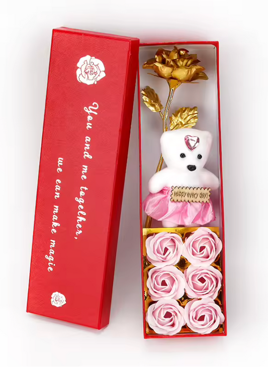 Gold Rose & Teddy Bear Gift Box - Pink
