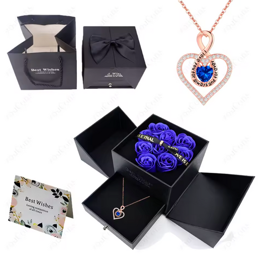Rose Jewellery Box with Heart Necklace - Pink
