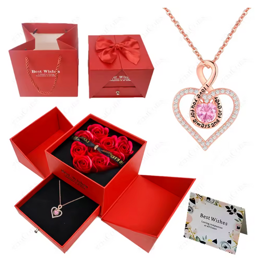 Rose Jewellery Box with Heart Necklace - Black/Red