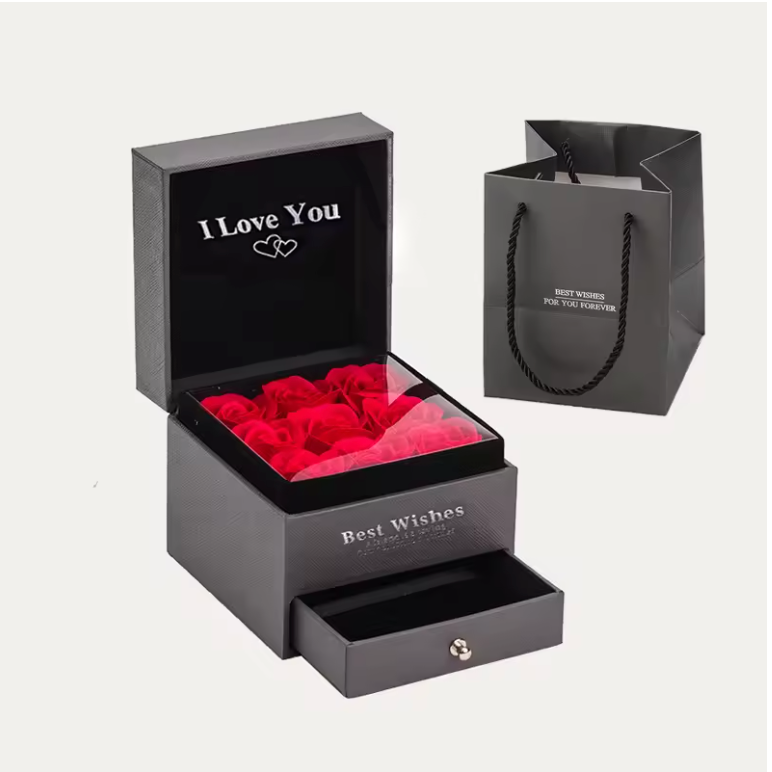 I Love You Rose Jewellery Gift Box open with drawer and gift bag