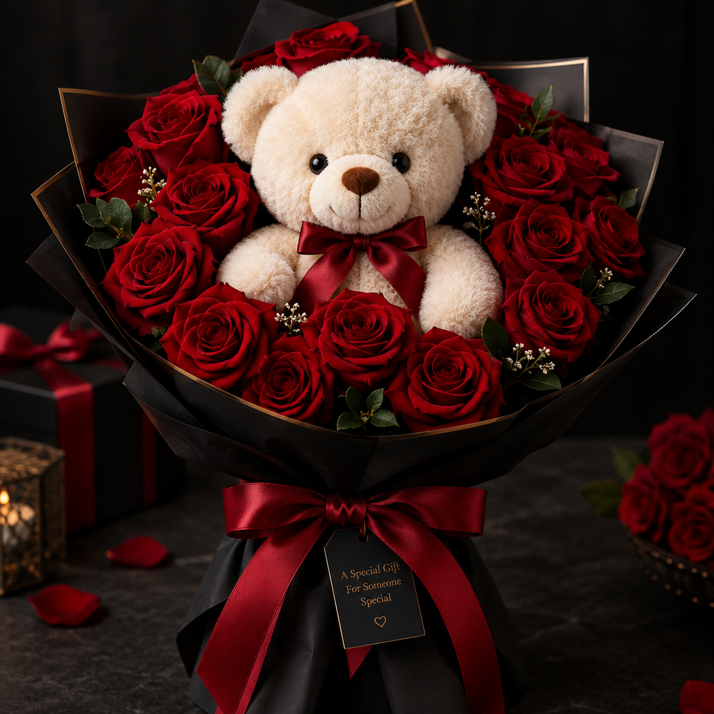 Veloura Rose Teddy - luxury artificial red rose teddy bear bouquet