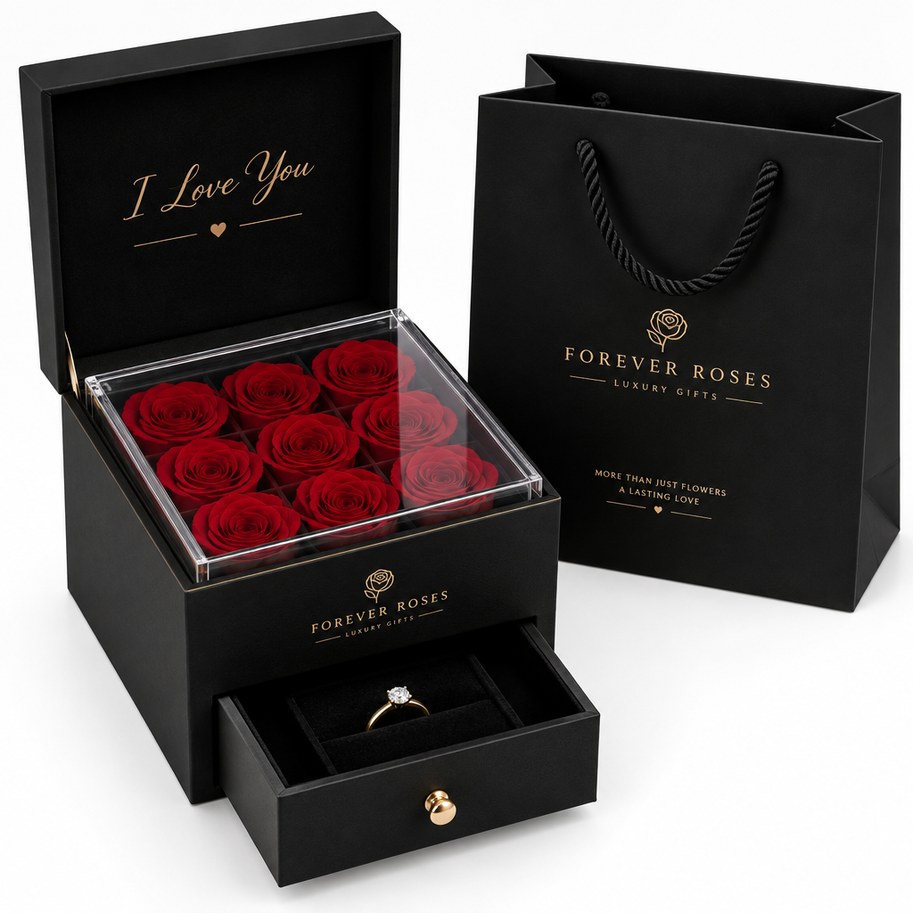I Love You Rose Jewellery Gift Box - open showing roses and secret drawer