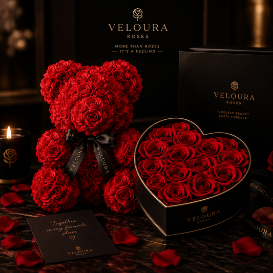 Veloura Ultimate Rose Gift Bundle - rose teddy and heart rose gift box