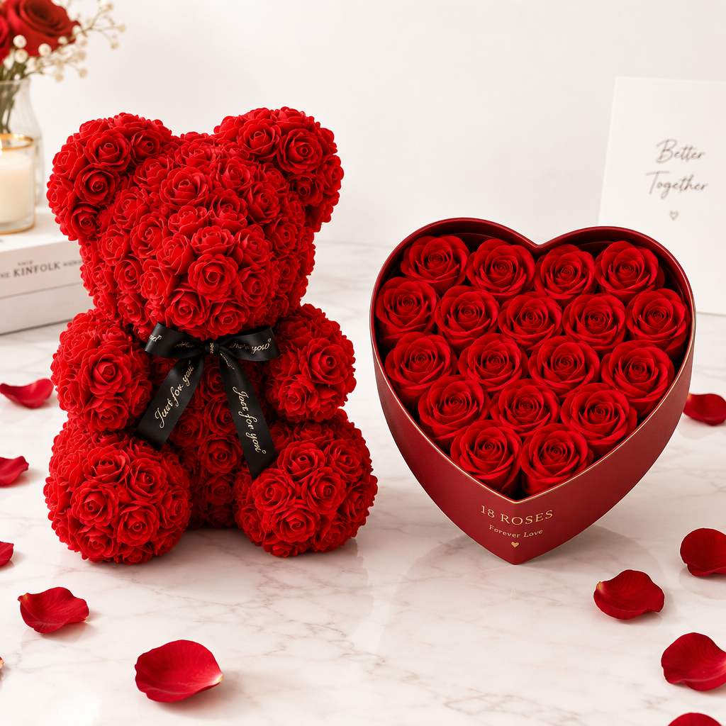 Veloura Ultimate Rose Gift Bundle - Rose Teddy and Heart Rose Gift Box